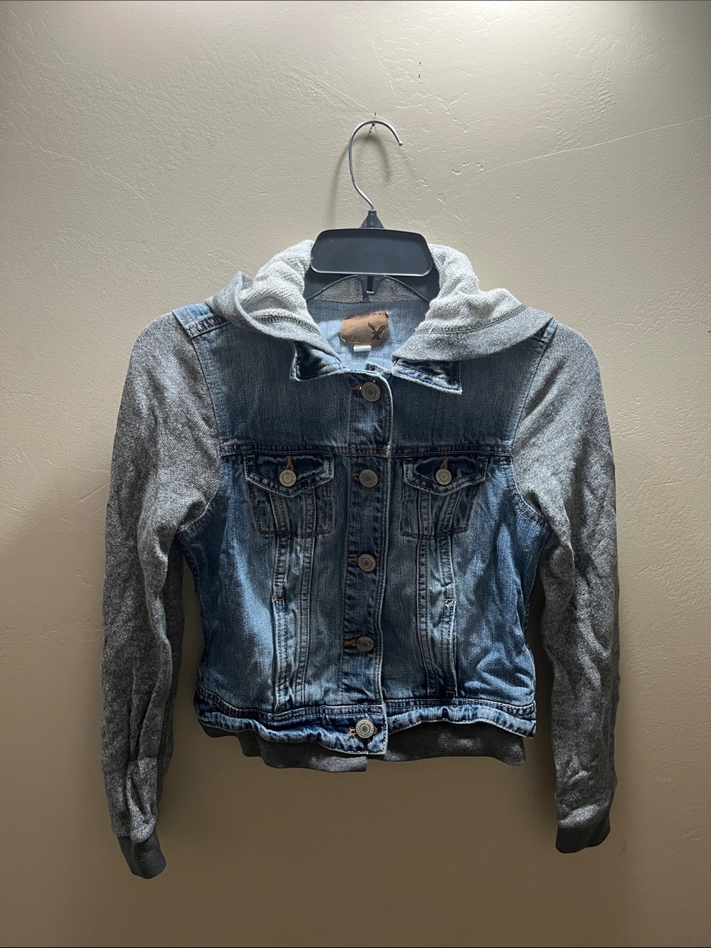 American Eagle Outfitters Blue Denim Jacket with Gray Knit Sleeves